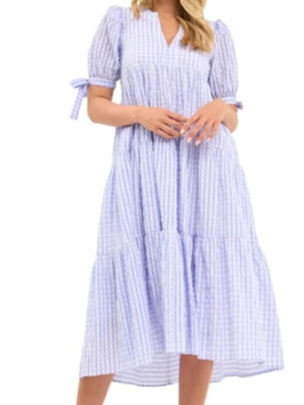 English Factory Gingham Tiered Midi Dress Lavender Size Large